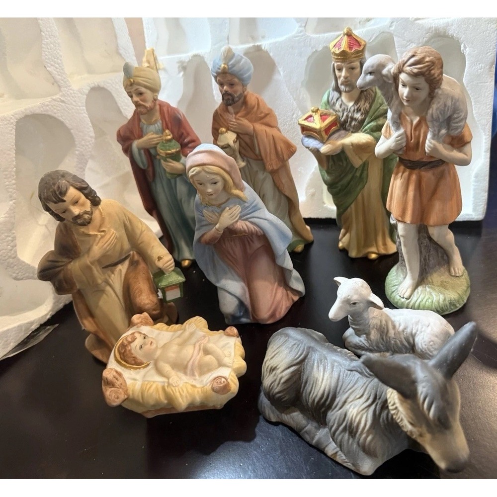 Vintage Homco 5216 Porcelain 9pc Nativity Set Home Interiors Taiwan Foil Label